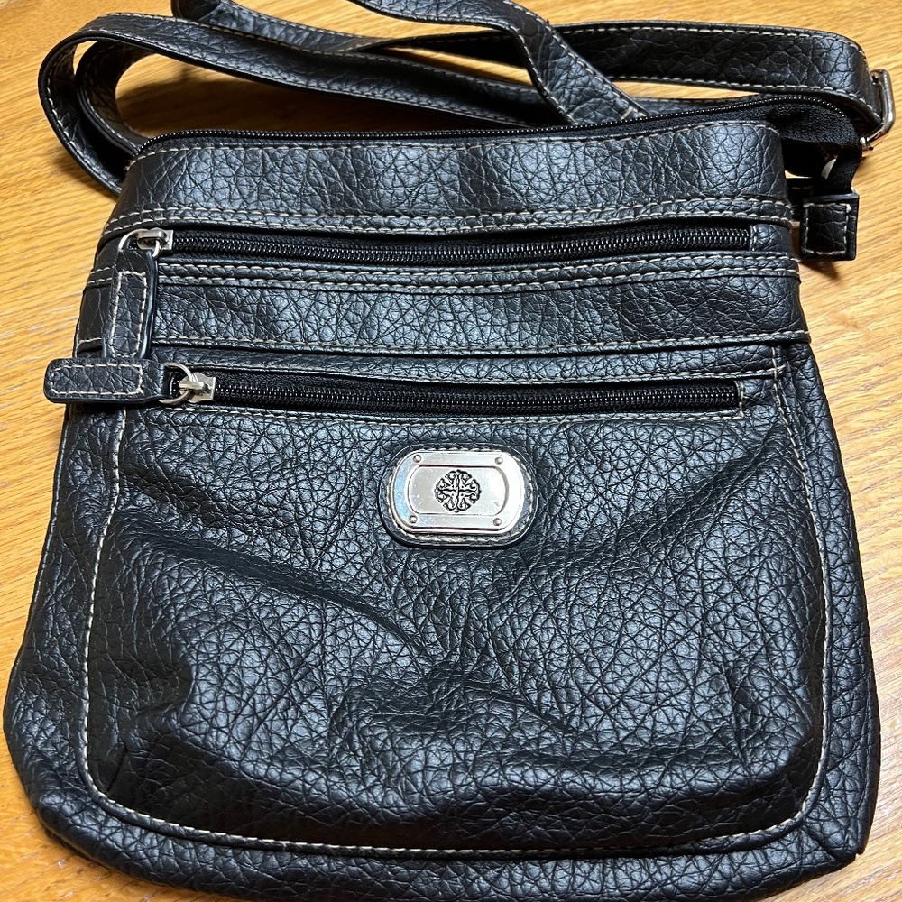 Women's vinyl black shoulder bag with multi zipper pockets